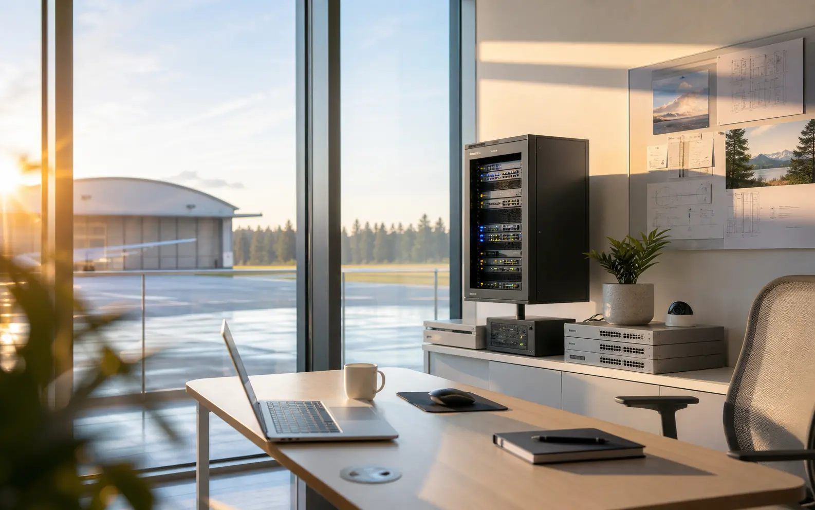 A bright technology workspace overlooking an aviation hangar.