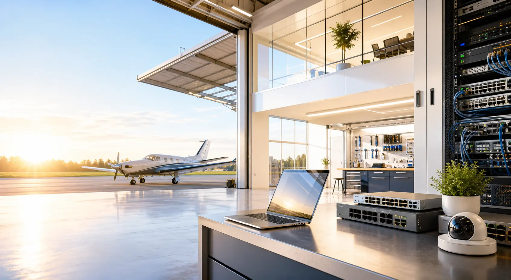 A bright aviation hangar technology workspace at sunrise.